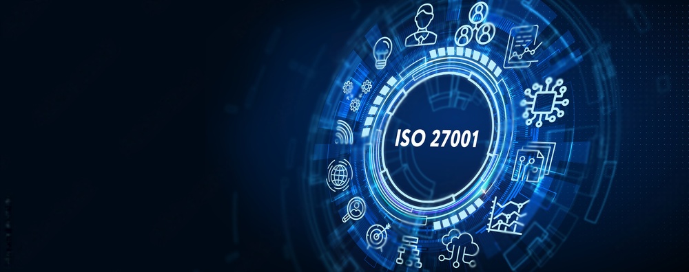 blue. digital graphic with icons of iso 27001 services