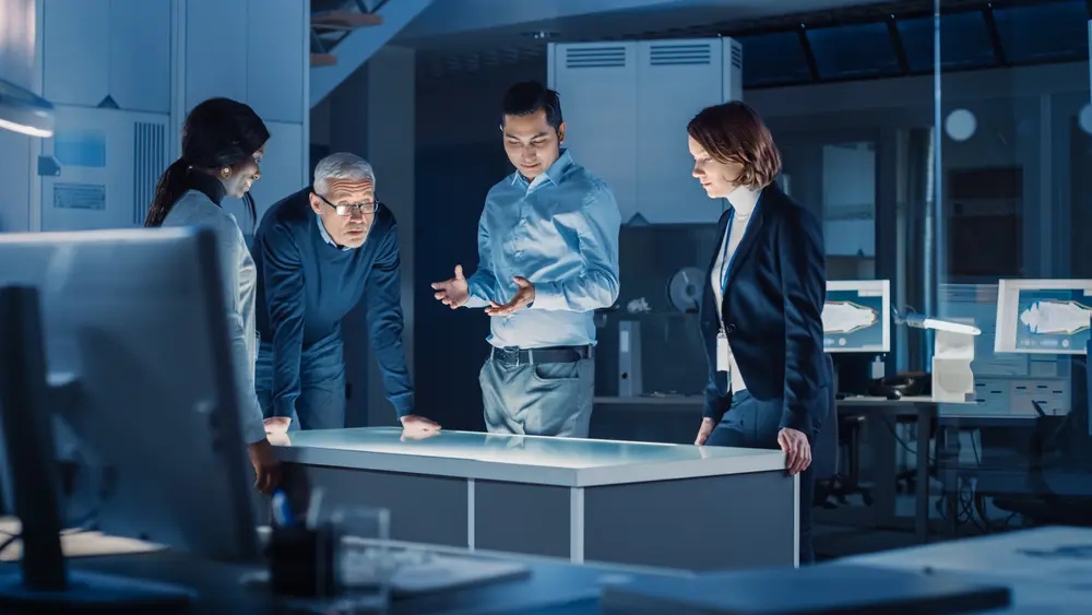 Professionals are gathered in a virtual reality content design creative lab, including engineers, scientists, and game/app developers. They are gathered around an illuminated interactive table, engaged in discussions and gesticulating. This image illustrates the context of FedRAMP Consulting, highlighting innovative collaboration and expertise in ensuring cloud security compliance.
