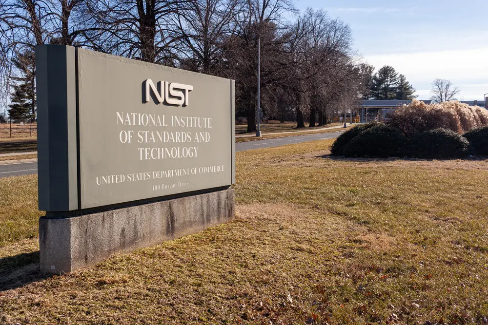 NIST sign at the National Institute of Standards and Technology. Representing our NIST 800-171 audit service.