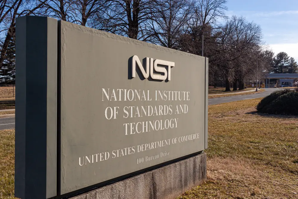 Entrance of the Gaithersburg Campus of the National Institute of Standards and Technology (NIST) in Maryland, USA. NIST is a physical sciences lab complex under the US Department of Commerce, fostering innovation and research.