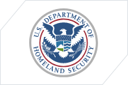logo for the U.S. Department of Homeland Security (DHS) with white background and blue text, and a red ring