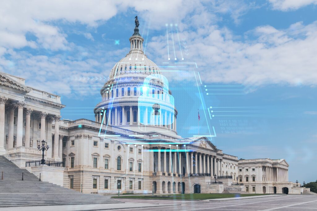 US Capitol with sky in background and cybersecurity overlay concept representing federal cloud security