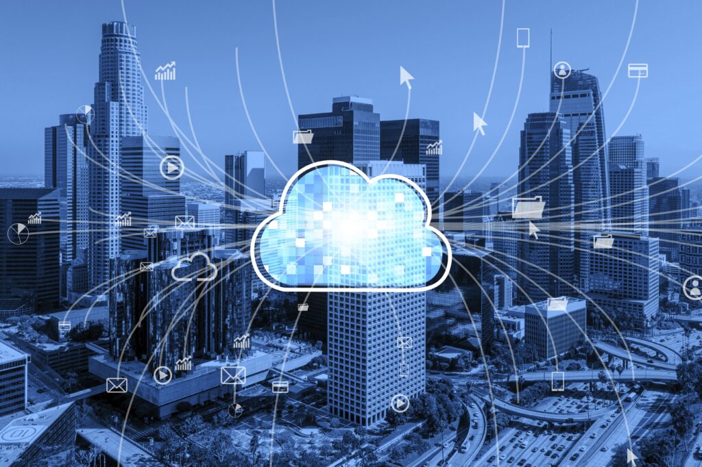 cloud software concept over a big city