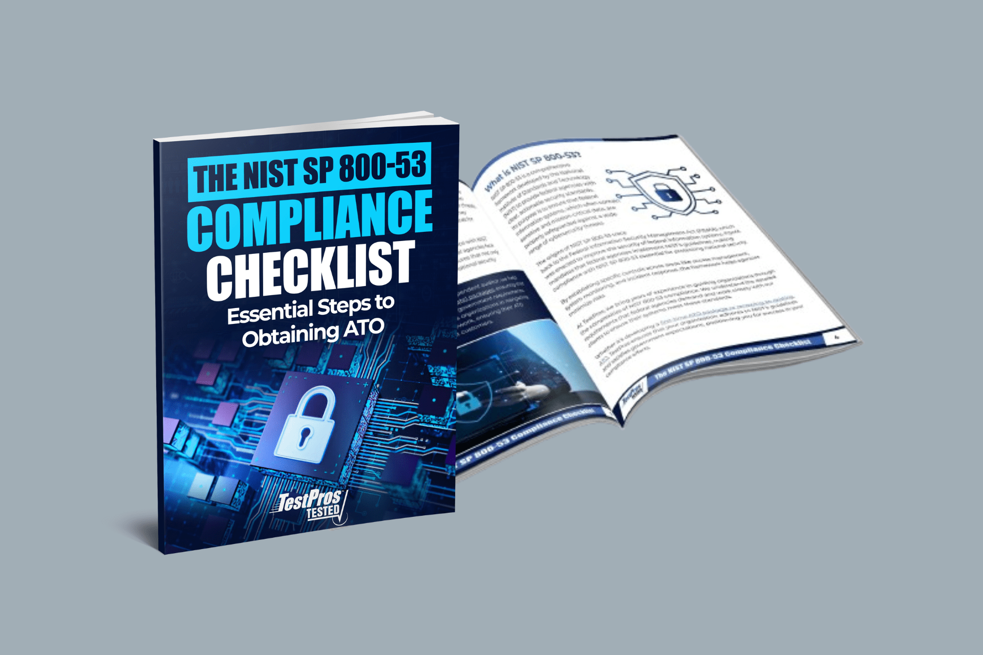 Cover and open pages of the 'NIST SP 800-53 Compliance Checklist: Essential Steps to Obtaining ATO' by TestPros, showing a guide on NIST SP 800-53 compliance with detailed content and illustrations.