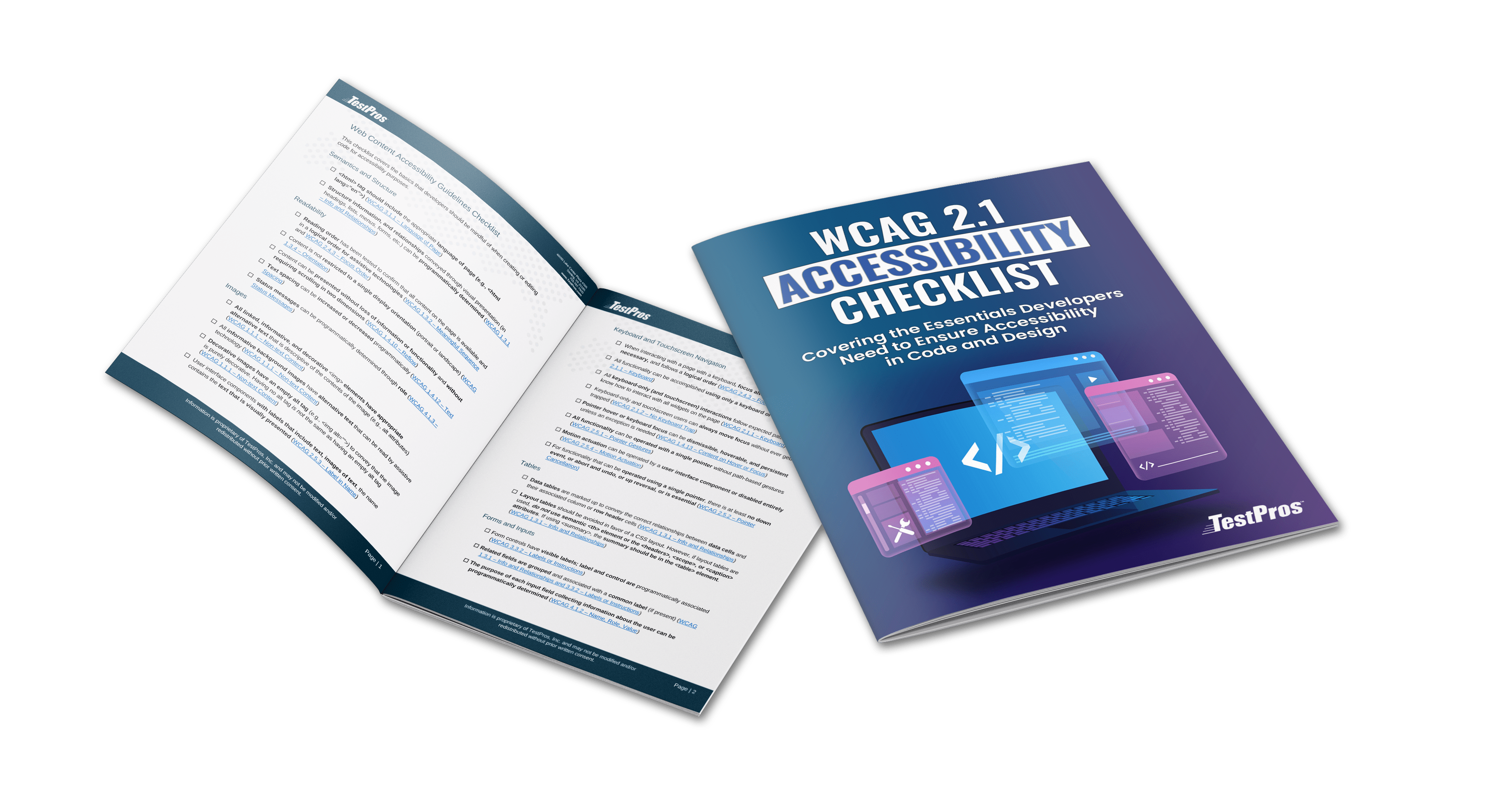 Open and closed views of the WCAG 2.1 Accessibility Checklist, a professionally designed guide for developers on ensuring accessibility in code and design, with TestPros branding.