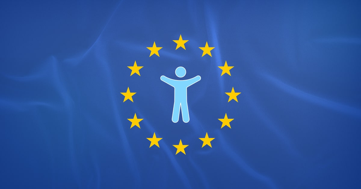 European Accessibility Act graphic with a blue background. A human figure icon is surrounded by 12 yellow stars, resembling the EU flag, symbolizing accessibility and inclusion.