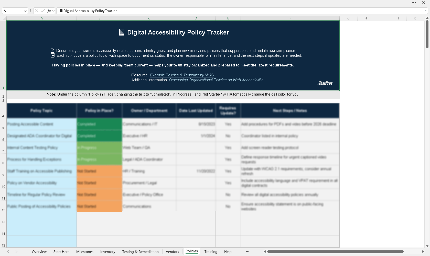 Preview of Accessibility Policy Tracker Sheet
