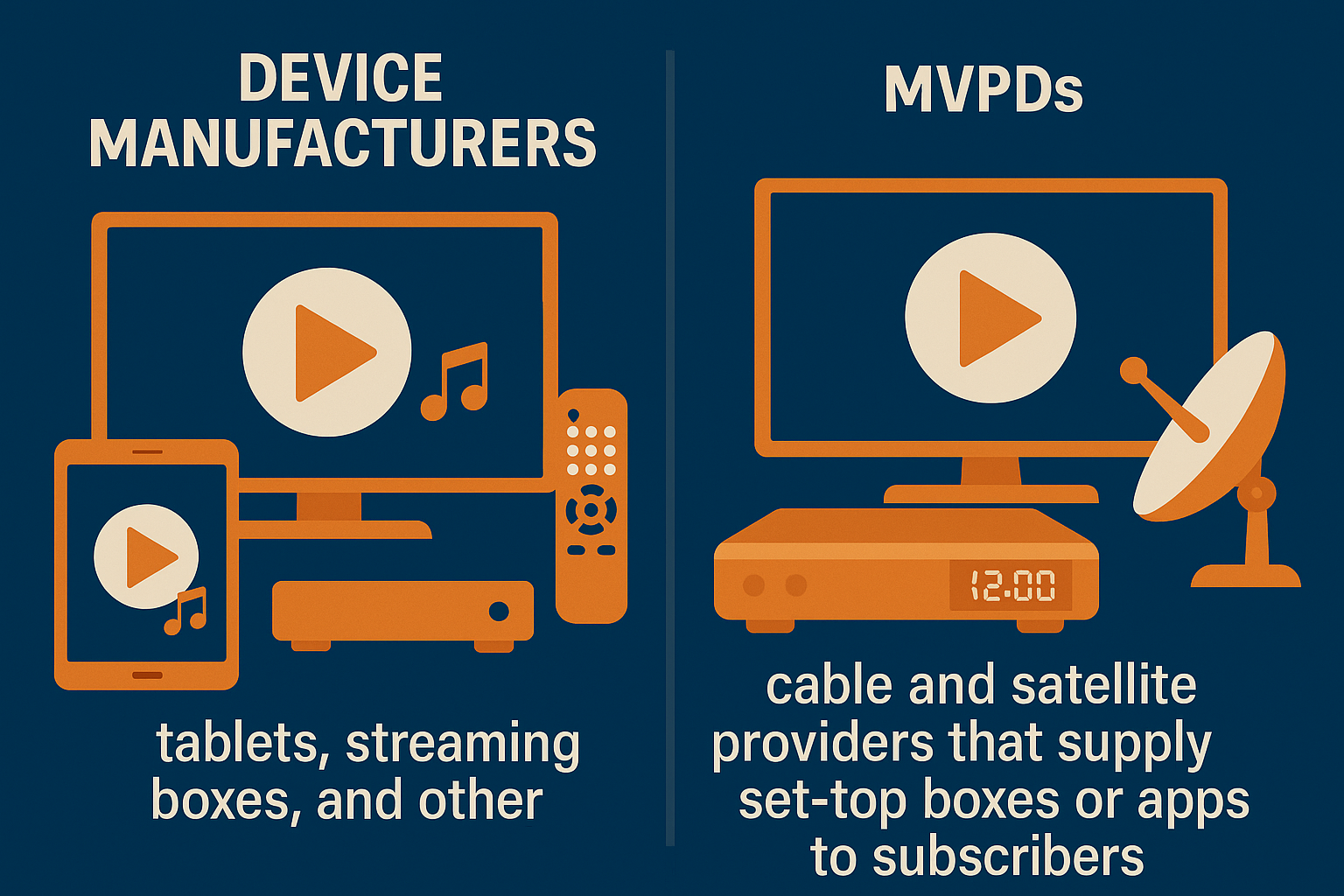 Infographic comparing device manufacturers (TVs, tablets, streaming boxes) with MVPDs (set-top boxes, cable, satellite).