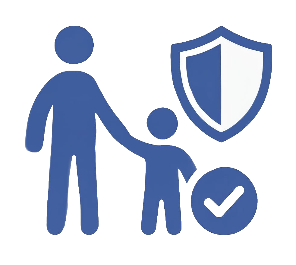 Icon of adult holding childs hand with security shield and checkmark.