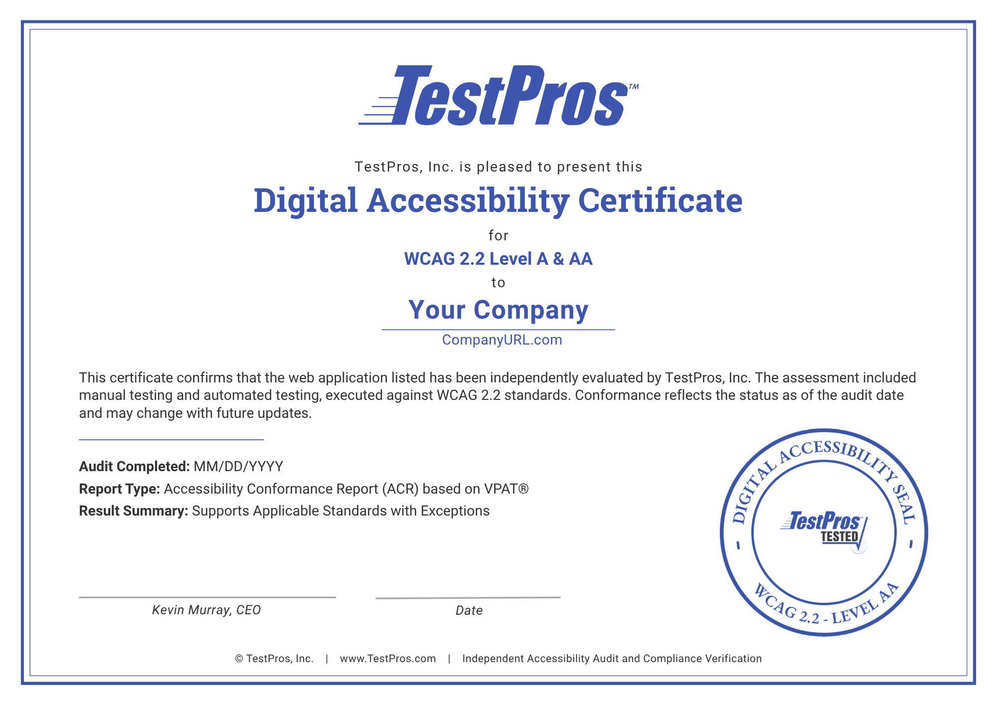 Sample TestPros Certificate confirming independent assessment against WCAG 2.2 Level A and AA