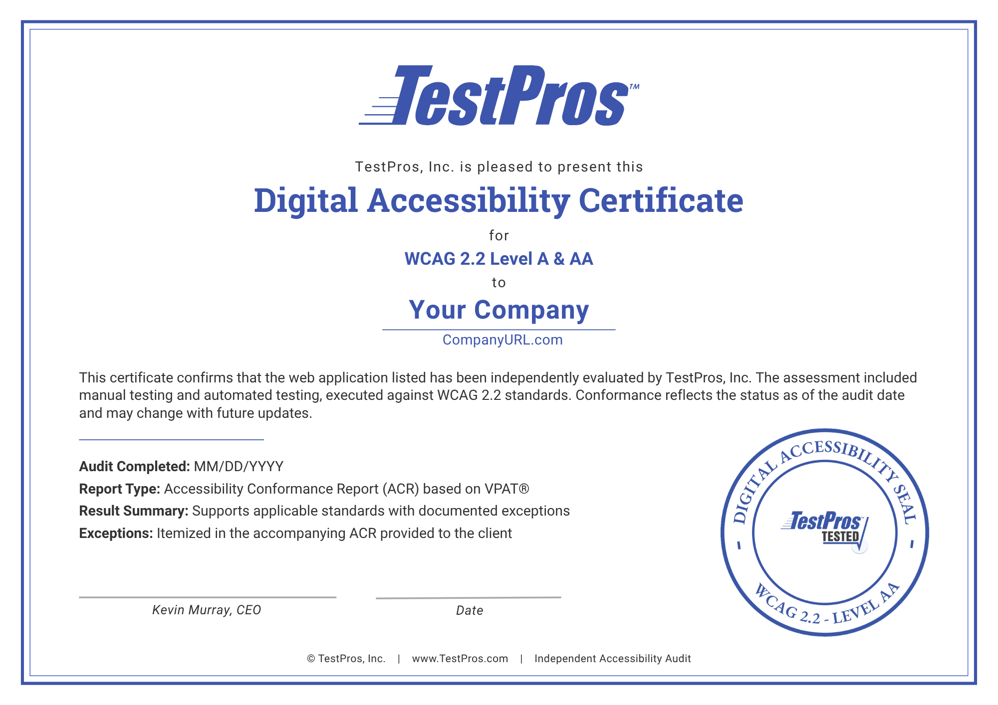 Sample TestPros Certificate confirming independent assessment against WCAG 2.2 Level A & AA