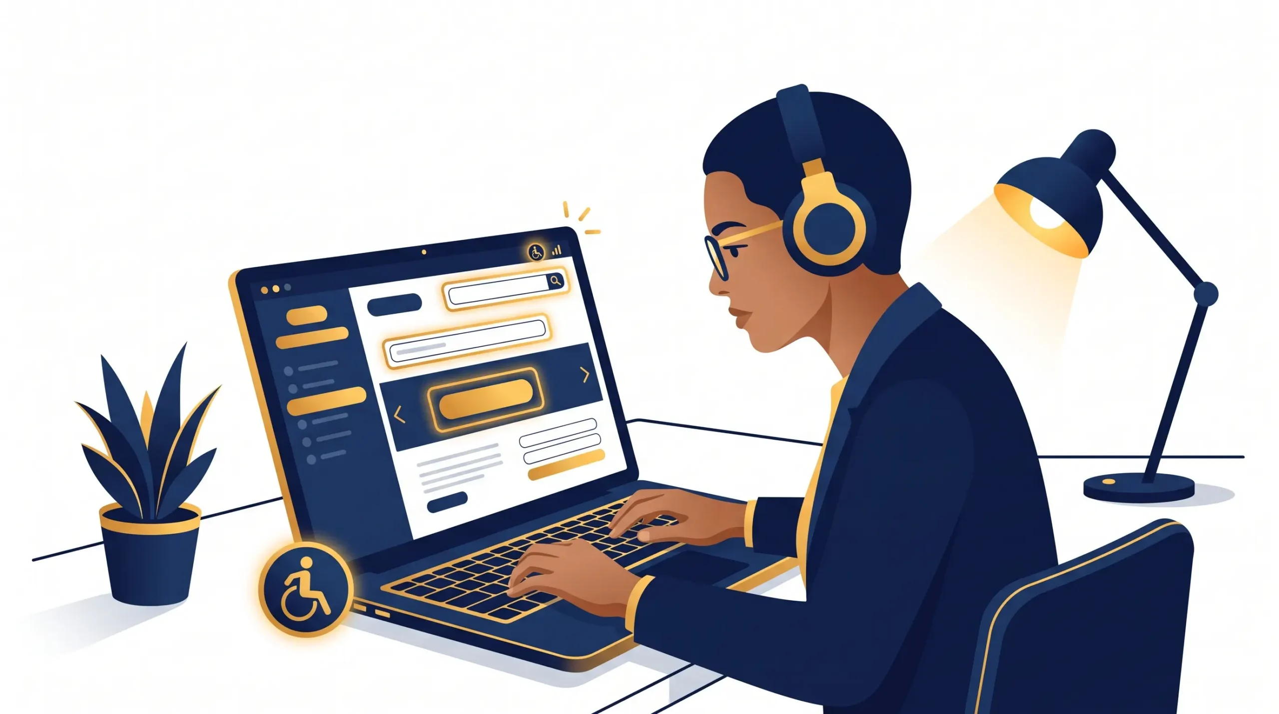An accessibility specialist testing a website with headphones and keyboard navigation.