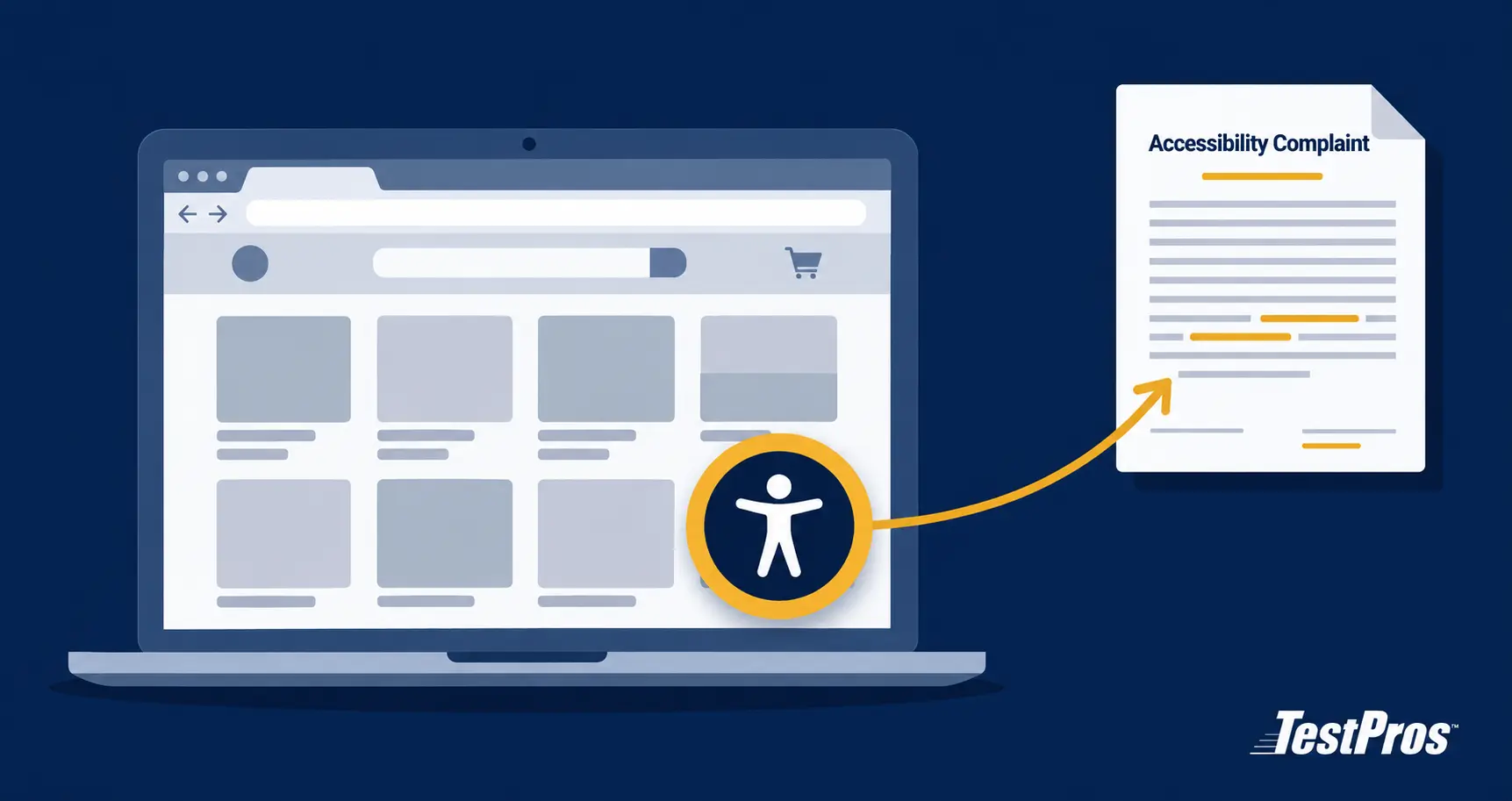 Illustration of an e-commerce website on a laptop with an accessibility overlay widget in the bottom-right corner, connected by an arrow to a legal document, representing web accessibility lawsuits.