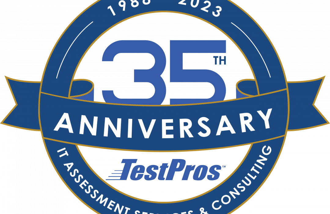 A circular blue and gold logo celebrating 35 years (1988-2023) of TestPros, featuring the text "IT Assessment Services & Consulting" prominently displayed at the bottom.