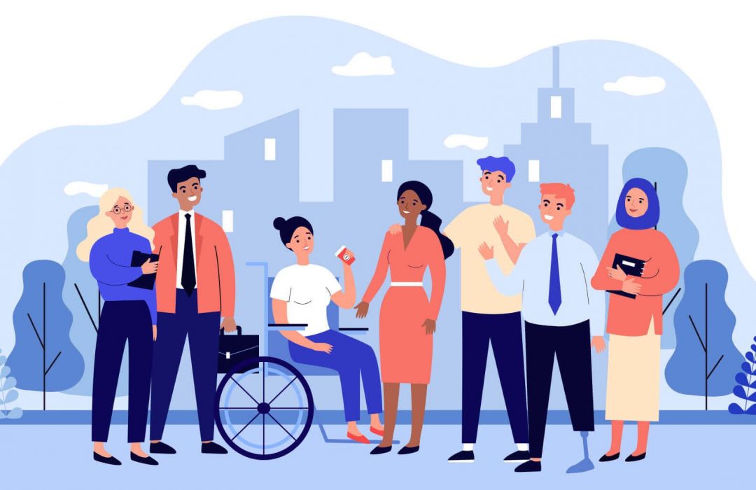 Illustration of a diverse and inclusive team, including individuals with disabilities, standing together in an urban environment.