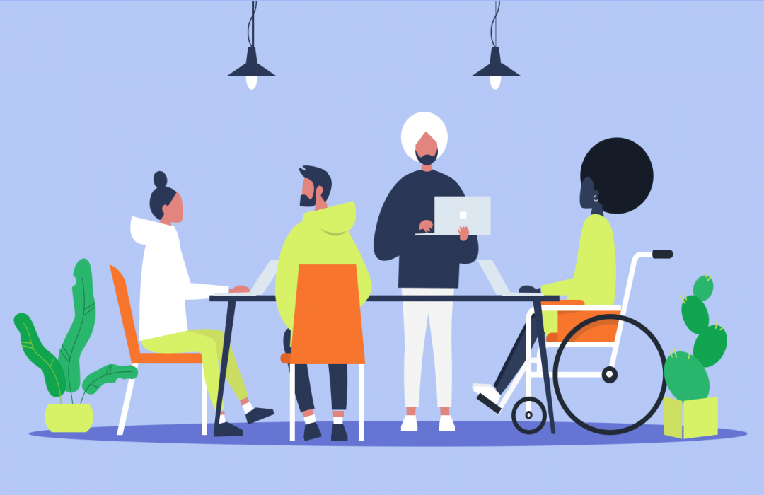 Illustration of a diverse team working together around a table, including a person in a wheelchair, collaborating in a modern office environment.