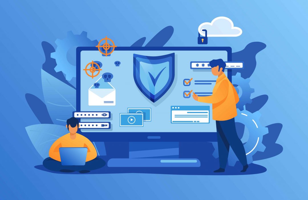 benefit of cybersecurity vector graphic of two cybersecurity professionals with blue background