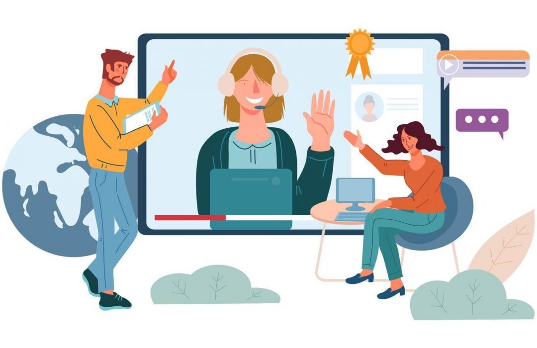 Illustration of a virtual team meeting with a man presenting, a woman interacting on a laptop, and another woman on a large screen wearing a headset.