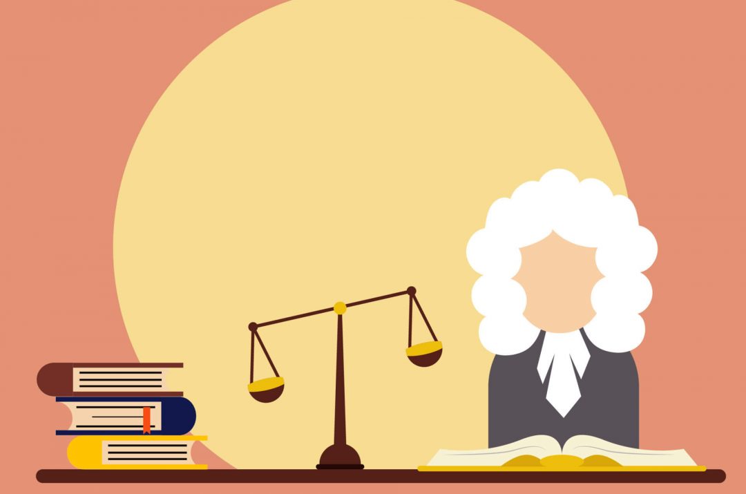 Illustration of a judge with a scale of justice and law books, symbolizing legal expertise and the pursuit of justice.