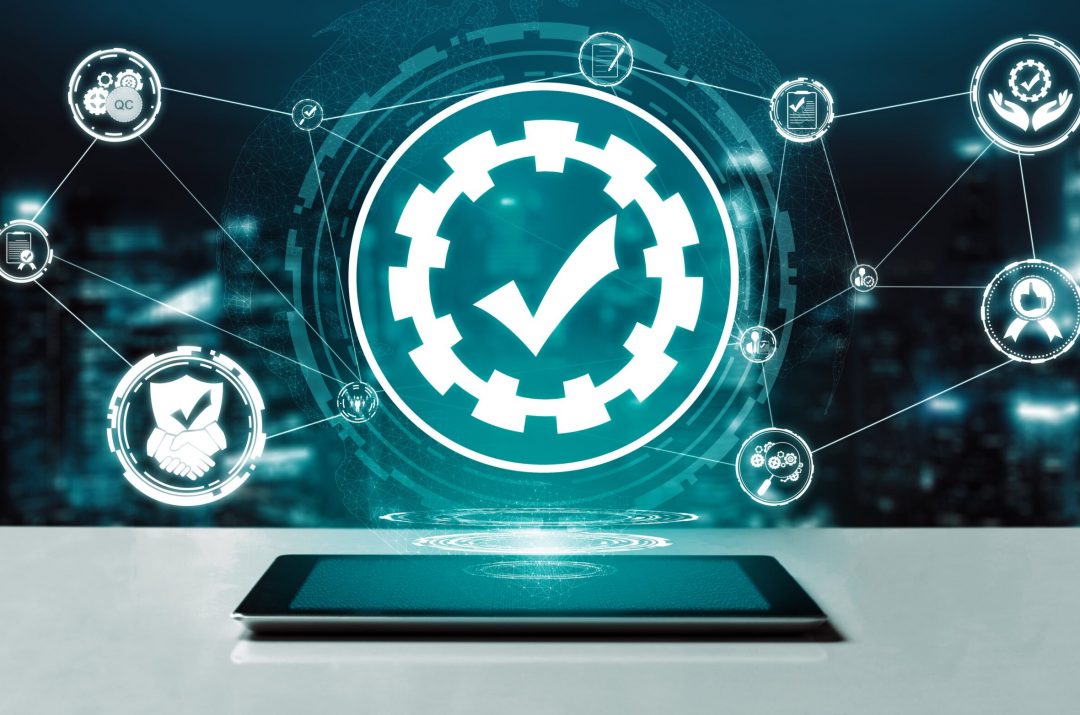 quality assurance testing graphic with QA icons above a tablet