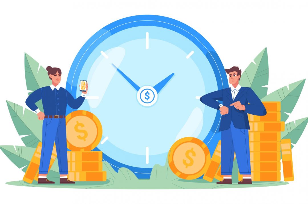 save time and money A clock in the middle between two people who are saving coins