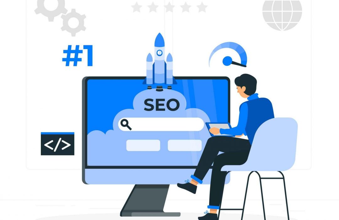 seo benefits vector of person sitting in a chair, using a computer to search for something, demonstrating SEO