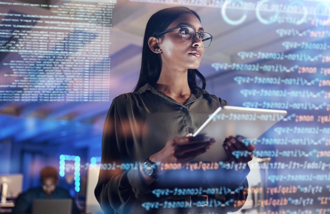 Software,,Coding,Hologram,And,Woman,On,Tablet,Thinking,Of,Data black business woman working in IT